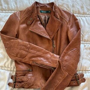Ralph Lauren Women's Brown Lambskin Leather Moto Jacket XS 0
